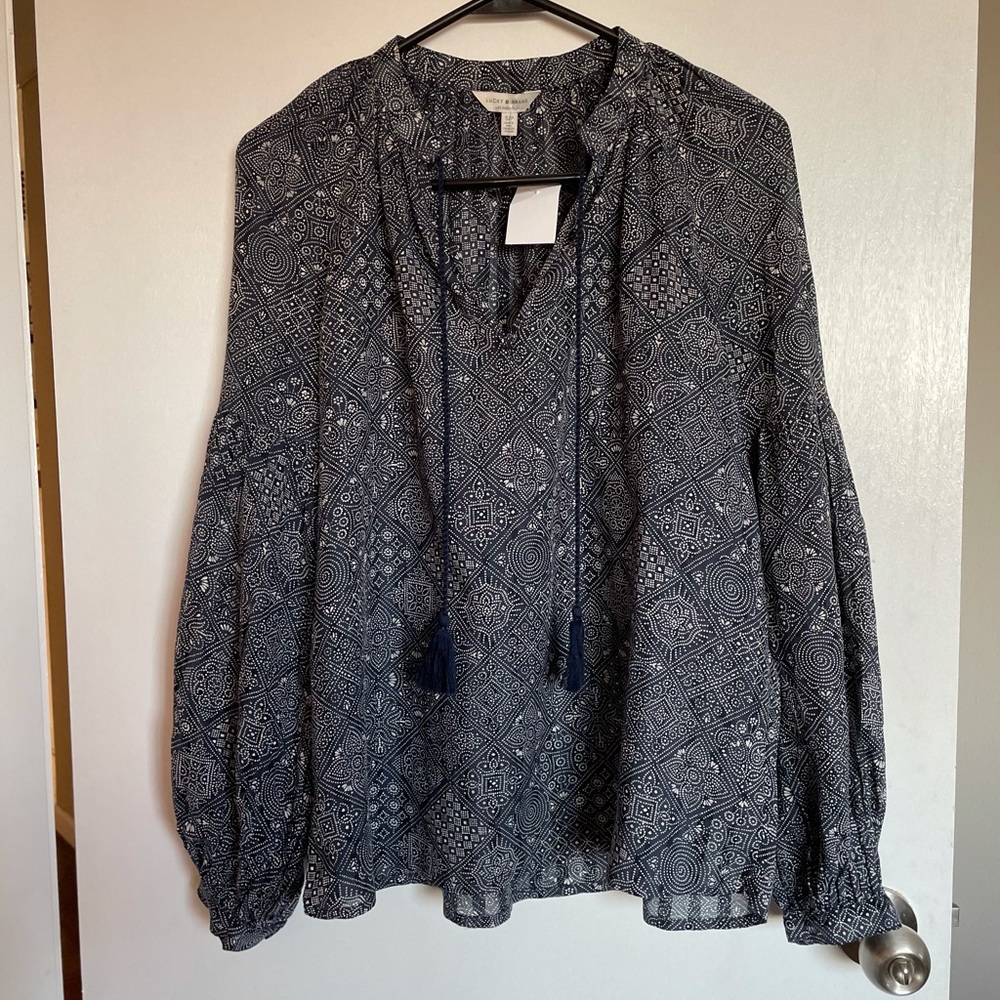 Lucky Brand Navy Tassle Tie Blouse - Size S